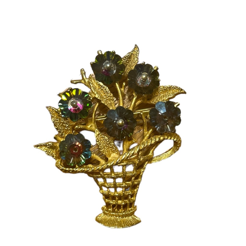 Vintage Basket with Purple Glass Flower Beads Brooch